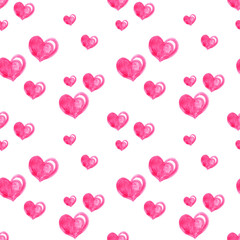 Seamless pattern with bright hand painted watercolor hearts. Romantic decorative background perfect for Valentine's day gift paper, wedding decor or fabric textile and design of romantic greetings.