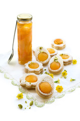 Cookies in the shape of white eggs with apricot yolk with pistachios as homemade decoration