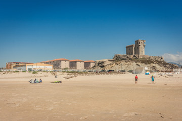 The old castle of Santa Catalina, on the beach of Tarifa. Famous spot for kite surfing in Andalusia, Spain