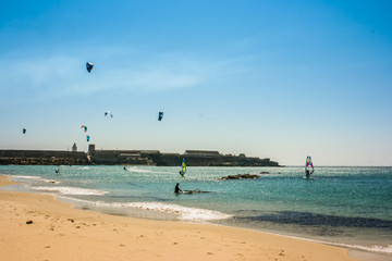 Fototapeta na wymiar View of the beach of Tarifa (Playa de Tarifa), famous spot for kite surf in Andalusia, Spain.