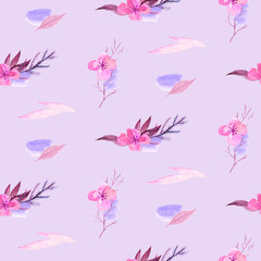 Obraz na płótnie Canvas Seamless pattern with watercolour hand painted flowers, leaves, brush strokes in pink, violet color. Perfect for textile fabric, decorative paper or website wallpaper, 8 march and 14 february