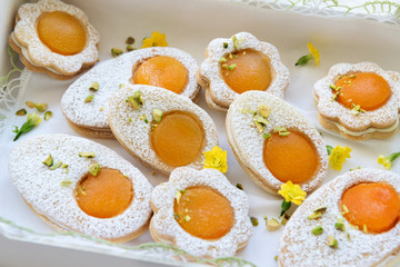 Cookies in the shape of white eggs with apricot yolk with pistachios as homemade decoration
