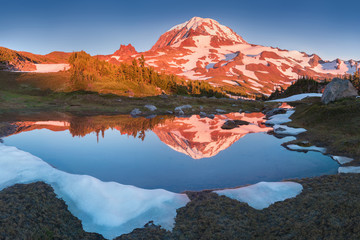 Fototapeta na wymiar The beauty & tranquility of a summer evening at Mount Rainier National Park. Tall evergreen trees that line an alpine lake & blue sky are reflected on the calm water, Spray Park, Washington State, USA