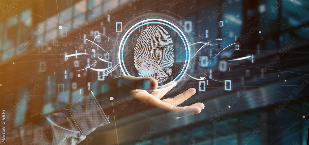 Poster businessman holding a digital fingerprint identification and binary code 3d rendering
