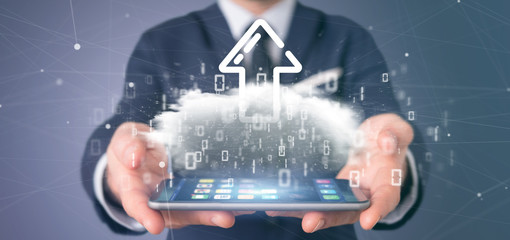 Businessman holding a Binary cloud with upload internet arrow 3d rendering