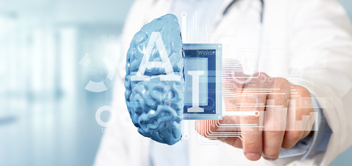 Doctor holding Artificial intelligence icon with half brain and half circuit 3d rendering