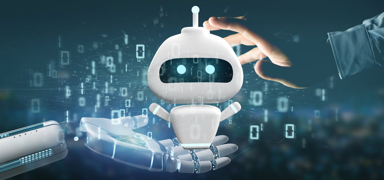 Cyborg hand holding Chatbot with binary code 3d rendering