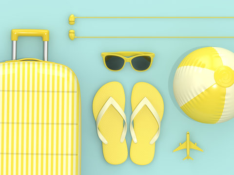 3d render of suitcase with vacation stuff over blue background