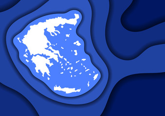 Greece map abstract schematic from blue layers paper cut 3D waves and shadows one over the other. Layout for banner, poster, greeting card. Vector illustration.