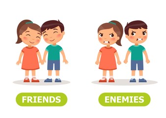 Vector antonyms and opposites. FRIENDS and ENEMIES. Card for teaching aid, for a foreign language learning
