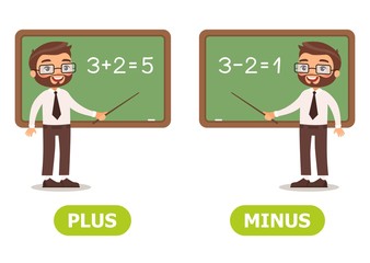 Vector antonyms and opposites. PLUS and MINUS Card for teaching aid, for a foreign language learning