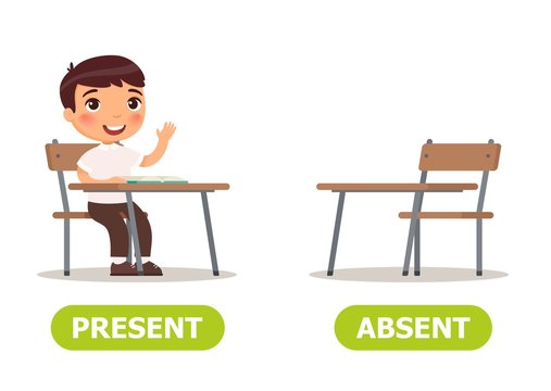 Vector antonyms and opposites. PRESENT and ABSENT. Card for teaching aid, for a foreign language learning