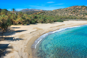 Scenic landscape of palm trees, turquoise water and tropical beach, Vai, Crete, Greece.