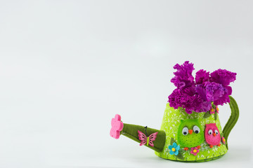 Pink flowers in a watering can on a white background