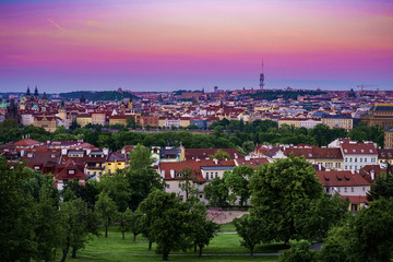 Fototapeta na wymiar Beautiful sunset panorama view on Zizkov TV tower, Prague, Czech Republic