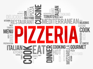 Pizzeria word cloud collage, food concept background