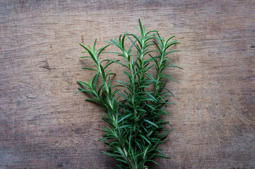 Rosemary plant on wooden rustic table from above, fresh organic herbs with copy space for text