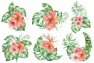Fototapeta na wymiar Tropical set watercolor flowers and leaves. Exotic bouquet isolated on white background. 