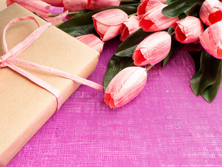 Purple tulip and gift box on Purple background