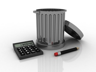 3d rendering Calculator with recycle bin and pencil