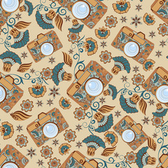 Naklejka premium seamless pattern with flowers and camera