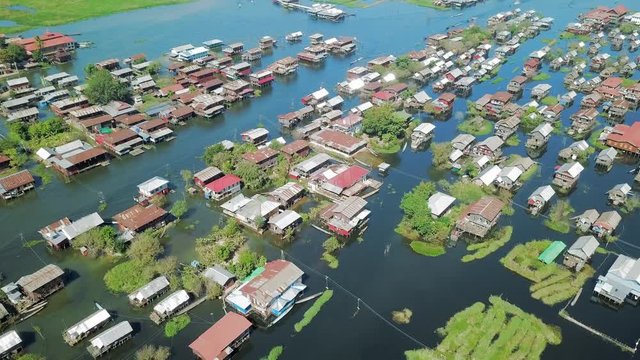 Aerial: Overlooking the Houses on a Lake