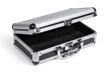 Opened aluminum suitcase isolated on a white background with clipping path.