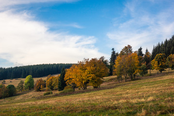 Fototapeta premium Redzinska pass in Rudawski Landscape Park on an autumn afternoon, Sudety, Poland