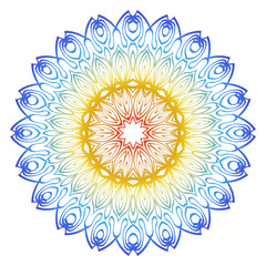 Ornamental Circle Pattern. Hand Draw Mandala. Vintage Decorative Elements. Vector illustration. Red, yellow, blue gradient. For Book, Greeting Card, Invitation, Tattoo. Anti-Stress Therapy Pattern.