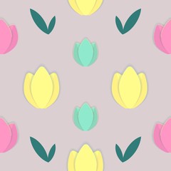 Illustration with seamless pattern. Multicolored tulips and leaves