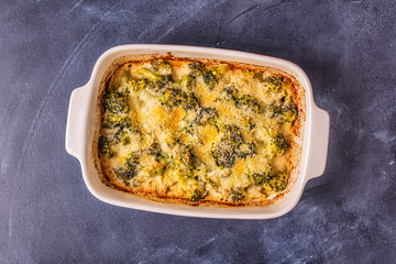 Broccoli gratin in a baking dish.