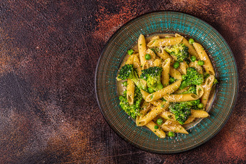 Pasta with broccoli, green peas, garlic, cheese.