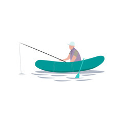 Fisherman Sitting on Inflatable Boat with Fishing Rod, Male Fisher Character Vector Illustration