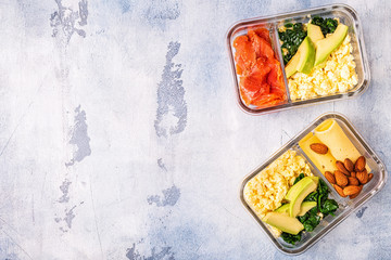 Healthy balanced lunch box, ketogenic diet lunch.