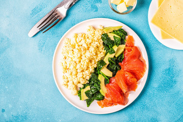 Ketogenic diet breakfast, scrambled eggs, salmon, avocado, spinach.