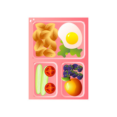 School Lunch Tray with Fried Egg and Pasta, Vegetables, Fruits Vector Illustration