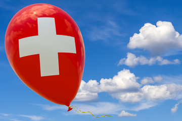 Balloon with the image of the national flag of Switzerland, flying through the blue sky. 3D rendering, illustration with copy space.