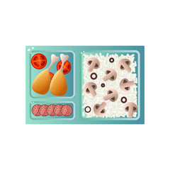School Lunch Tray with Chicken Drumstick, Slices of Tomatoes, Rice with Musrooms and Sausage Vector Illustration