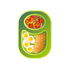 School Lunch Tray with Pasta, Boiled Eggs and Vegetables Vector Illustration