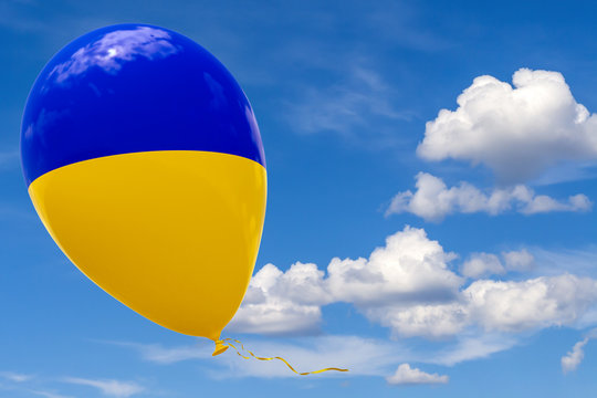 Balloon with the image of the national flag of Ukraine, flying through the blue sky. 3D rendering, illustration with copy space.