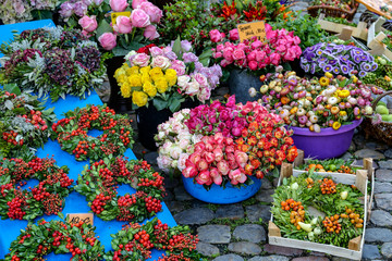 Flowers, fruits and vegetable vendors at the Farmer's market in Freiburg, Germany.