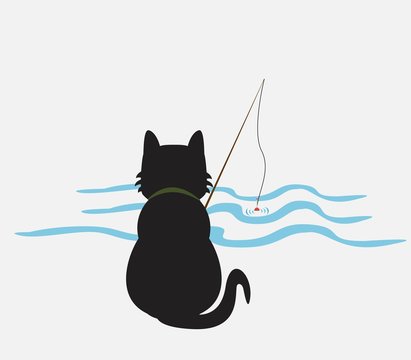 illustration of funny kitten media , cat fisherman catches fish