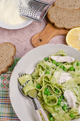 Fettuccine pasta with meat slices
