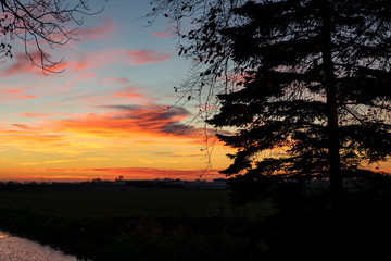 Colorful sunset over the dutch landscape near Gouda, Holland. A tree is silhouetted against the evening sky. Beautiful sunset over the dutch landscape near Gouda, Netherlands. The colorful clouds are 