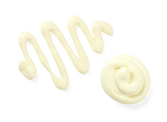 Set of various mayonnaise sauce. Close up. Top view. Isolated on white background