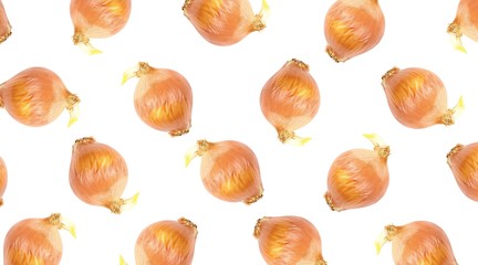 Set of fresh whole and sliced onions. Close up. Top view. Isolated on white background