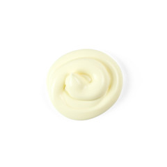 Splash of mayonnaise sauce. Close up. Top view. Isolated on white background