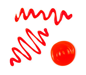 Set various of spicy tomato sauce or ketchup. Close up. Top view. Isolated on white background