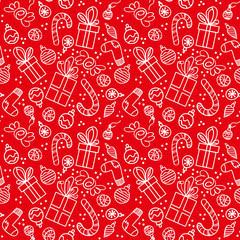 Christmas seamless pattern with presents, socks, christmas balls and sweets on red background