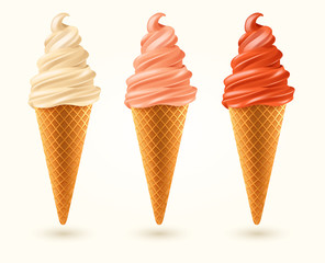Three flavored ice cream cones isolated on white background : Vector Illustration